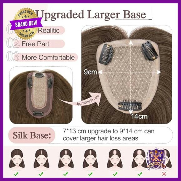 Large Silk Base Human Hair Topper, 150% Density Clip-In, 10 Inch main image 7